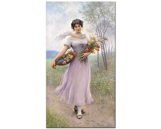 Eugene de Blaas Çiçek Sepetli ve Leylak Rengi Elbiseli Kız