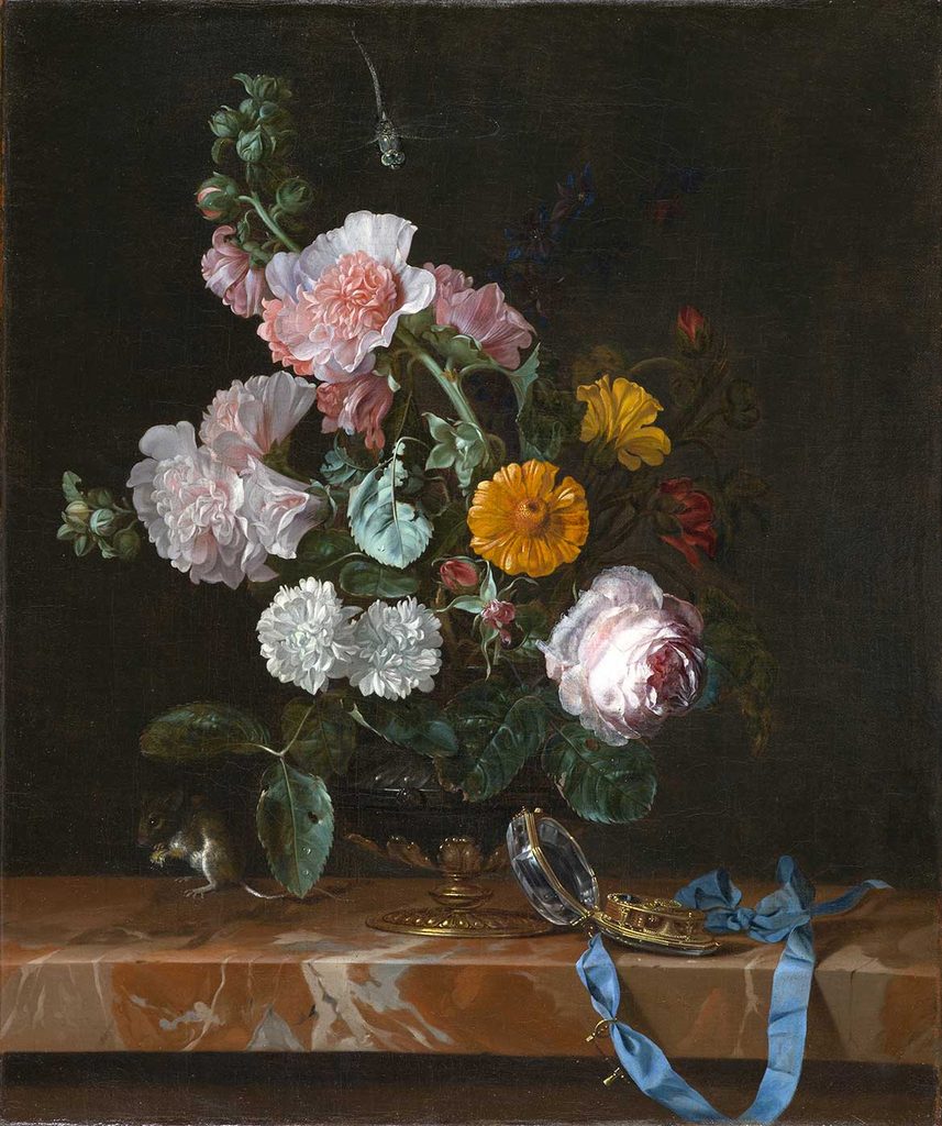 Willem van Aelst Vazoda Çiçekler ve Saat