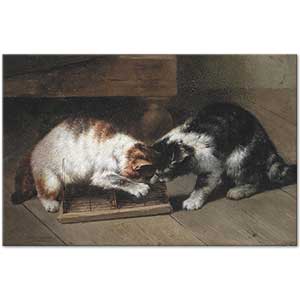 Eugene Remy Maes İki Kedi ve Bir Av