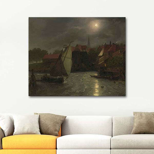 Andreas Achenbach Boats on a Canal Moonlight